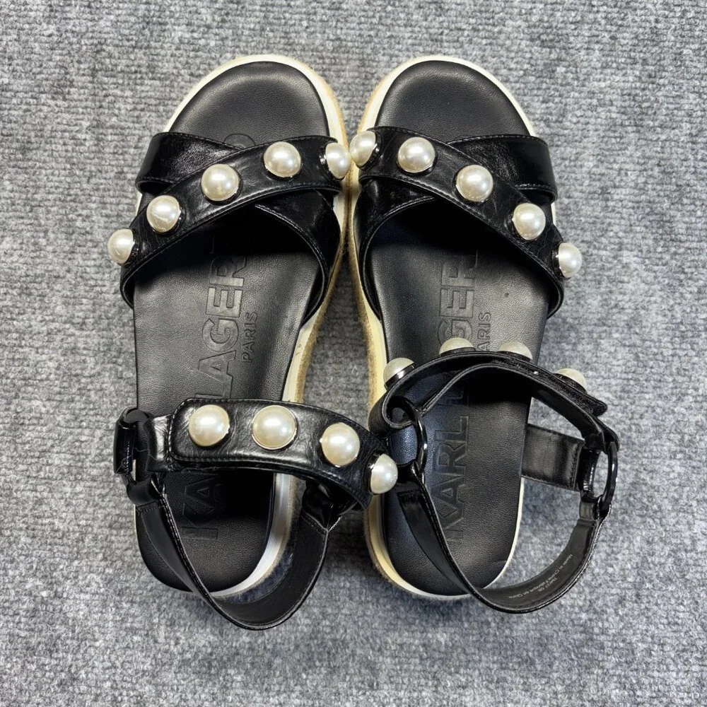 Karl Lagerfeld Womens Black Platform Espadrille Sandals Pearl Ankle Strap 7M